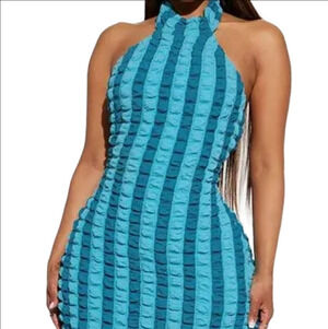 NWOT Striped Color Patchwork Puttly Seersucker Popcorn Bodycon Long Dress